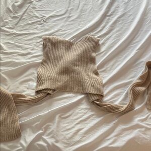 Ganni Ribbed Knit Tie-Back Sweater Vest in Beige